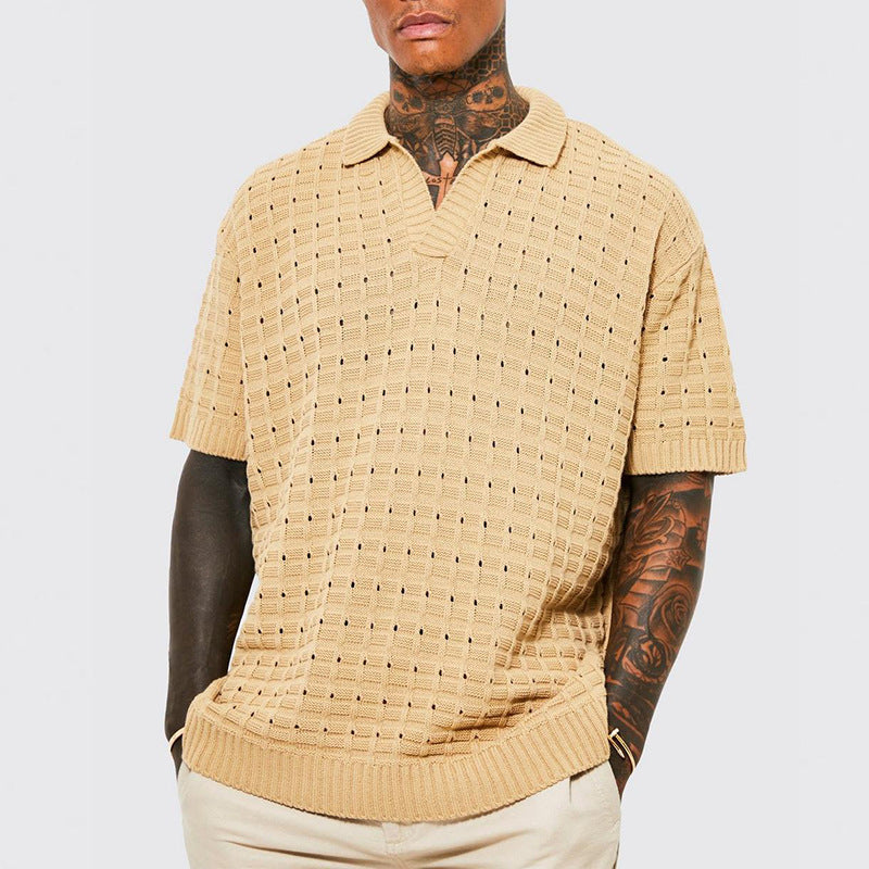 European Men's Casual V-Neck Knit Polo Shirt