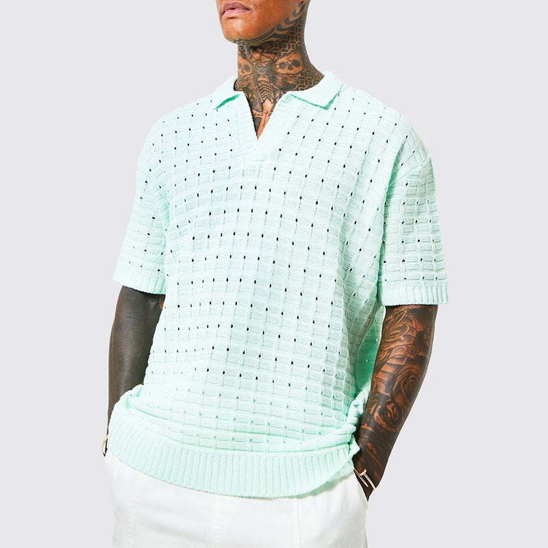 European Men's Casual V-Neck Knit Polo Shirt