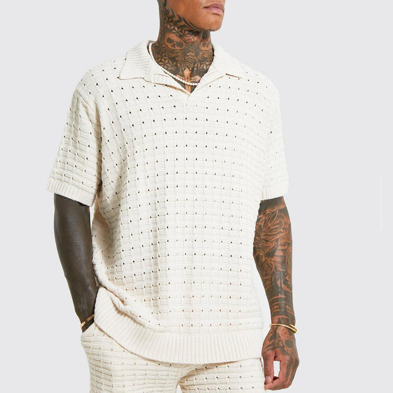 European Men's Casual V-Neck Knit Polo Shirt